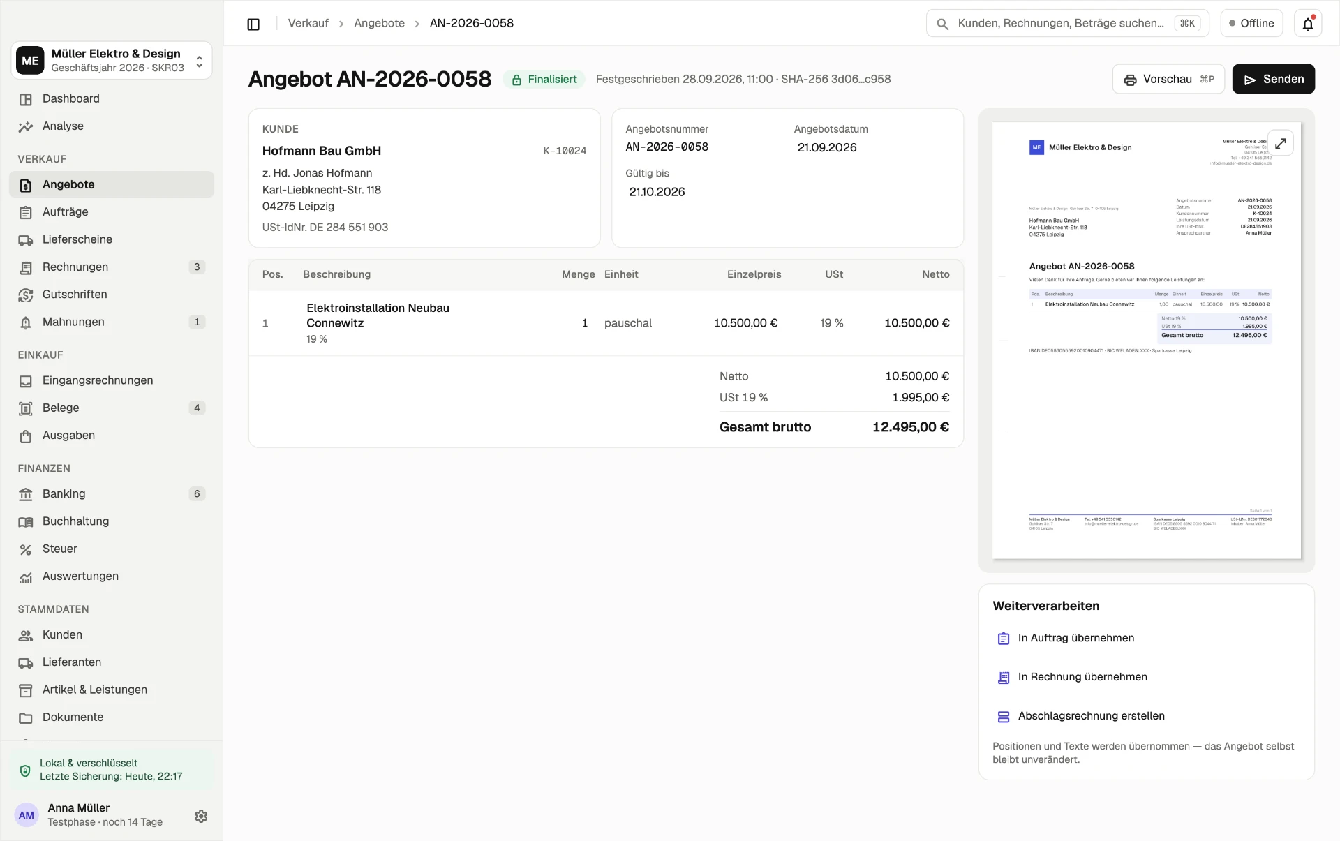 Angebot in RechnungDesk mit Dokumentvorschau